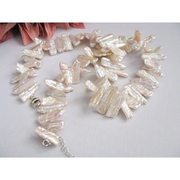 Biwa Stick pearl necklace sterling Silver clasp - Picture 2 of 10